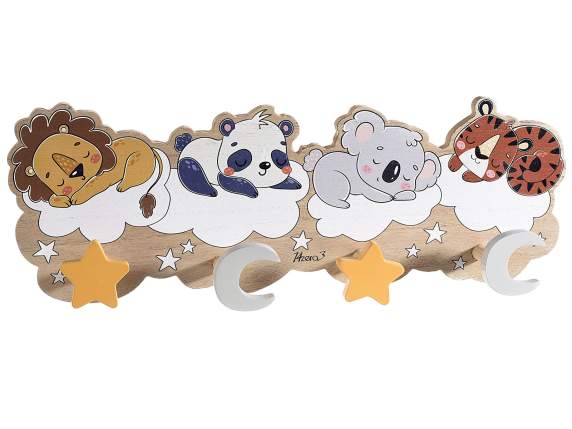 Wandgarderobe aus Holz mit 4 Stern--Mondhaken „DreamKids“